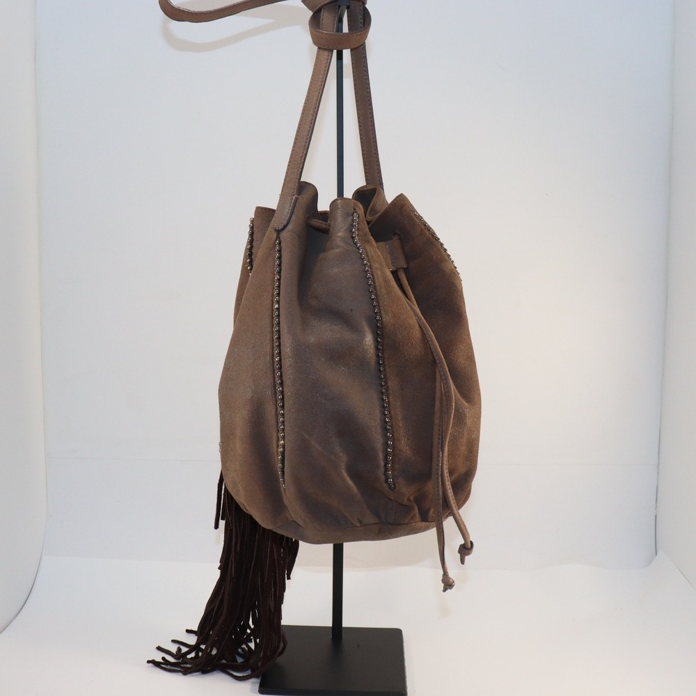 Barbara Bonner Leather Fringe Bucket Bag Women Medium Brown Studded Boho Western